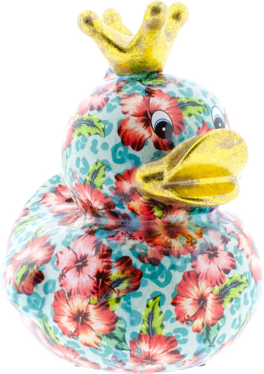 Eend Big Ducky XL spaarpot | Koningseend -  Blauw met tropische bloemen | Pomme pidou